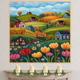 Charming Folk Art Canvas of Colorful Houses and Flowers on Rolling Hills Under a Bright Blue Sky on Ready to Hang 1.5" Thick Canvas Wrap, Floating Framed Canvas, Flat Rolled Canvas